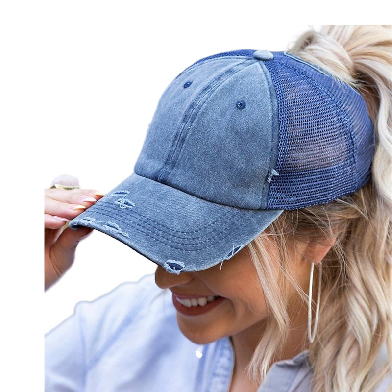 ProMindFun Womens Ponytail High Messy Bun Hats Distressed Baseball Caps Unconstructed Washed Dad Hat Girls Trucker Ponycaps (06-Navy Blue) - Image 1